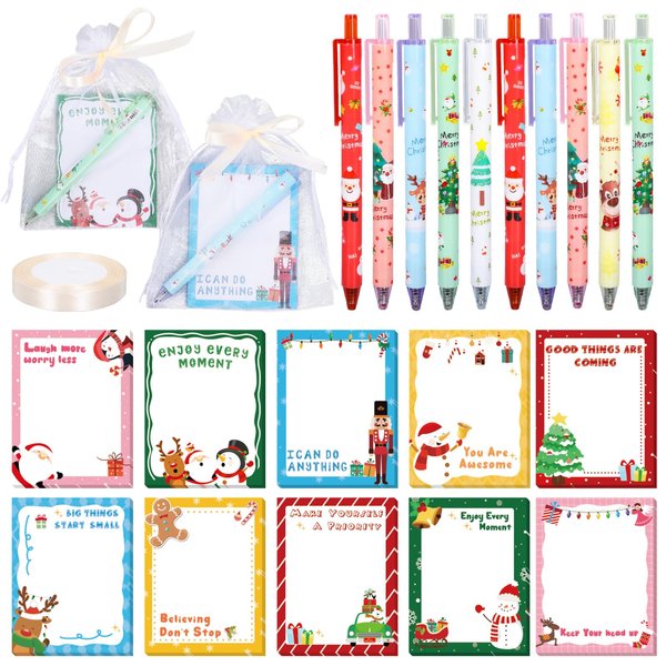 JarThenaAMCS 61Pcs Christmas Party Favors Stationery Gift Set Cute Cartoon Xmas Sticky Notes with Pens Ribbon Organza Bags for Home Office Classroom Winter Party Supplies