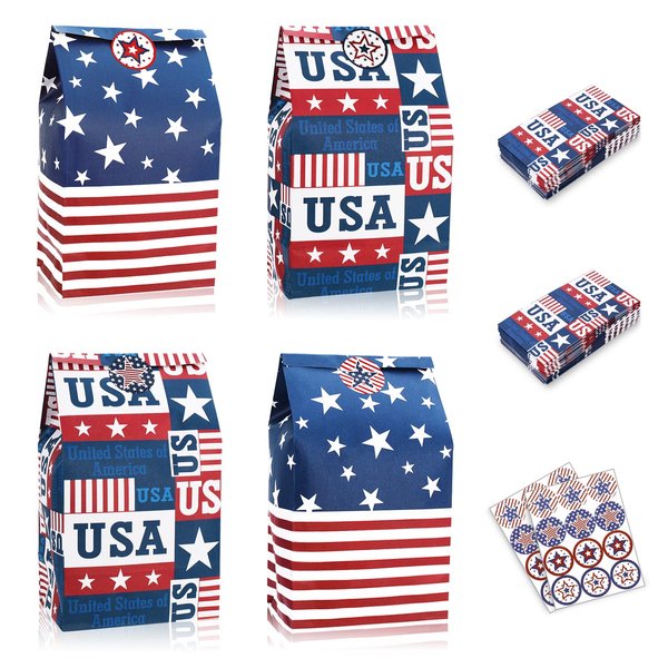 Whaline 36 Pack Patriotic Treat Bags with Tag Stickers American Flag USA Party Favor Bags Patriotic Candy Bags Red Blue Kraft Paper Gift Bags for Independence Day Party Supplies Gift Wrap
