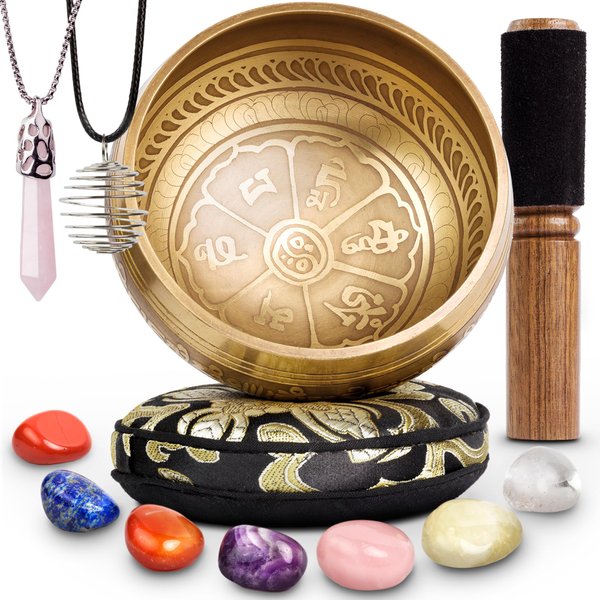 Tibetan Singing Bowl Set - 7 chakra healing crystal stones, Rose Quartz Pendulum Necklace - Handcrafted in Nepal for Meditation, Mindfulness, Yoga, Spiritual Healing and Stress Relief