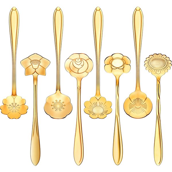 8 Pieces Flower Spoon Coffee Teaspoon Set Stainless Steel Tableware Creative Sugar Spoon Tea Spoon Stir Bar Spoon Stirring Spoon, 8 Different Patterns (Gold)