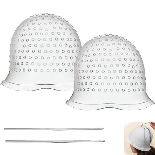 2 Pcs Silicone Hair Coloring Highlighting Cap, Punched Highlight Cap for Hair with Hook,Reusable Pull Through Caps for Hair Coloring, Hair Dye Cap with Hook for Women Men