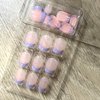 MERVF Short Press on Nails Square Fake Nails Purple French Tip Squoval Glue on Nails with Design 24pcs Glossy Artificial Acrylic Nails for Women
