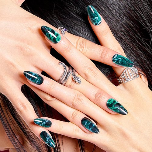 GLAMERMAID Green Press on Nails Medium Almond, Pink Ombre Fake Nails with Renaissance Oil Paint Design, Y2K Vintage Short Glue on Nails for Women, Short Oval Gloss Gel Yellow Stick on False Nail Kit