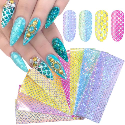 Mermaid Gradient Nail Art Foil Transfer Stickers, Nail Supplies Laser Fish Scales Holographic Gradient Starry Sky Colorful Designs Full Wrap Transfers Foils for Manicure Acrylic Nails Decoration 10pcs