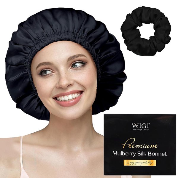 WIGI 100% Mulberry Silk Bonnet with Scrunchie Gift for Women, Silk Bonnet for Sleeping, Shower Cap Hair Bonnet, Silk Hair Wrap for Hair Care (100% Mulberry Silk (Round design), Black)