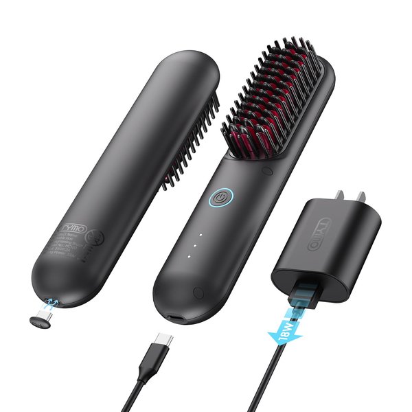 TYMO Porta Cordless Hair Straightener Brush, Portable Mini Straightening Brush for Travel, Negative Ion Hot Comb Hair Straightener for Women, Lightweight to Carry Out, USB Rechargeable, Anti-Scald