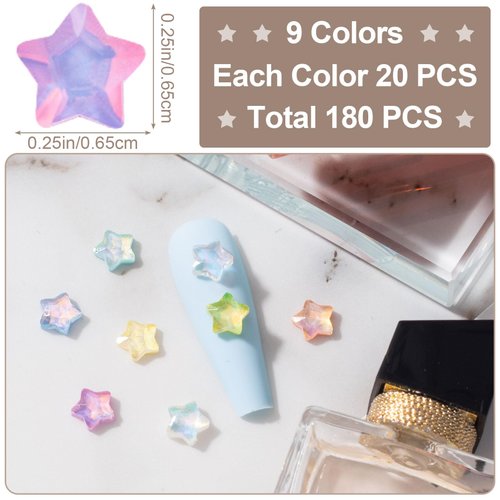 KIKOOD 180pcs Aurora Star Nail Charms 3D Crystal Stars Nail Art Rhinestones Nail Gems Multicolor Star Charms Nail Jewels for Nail Art DIY Nail Accessories Nail Supplies for Women Girls, Small