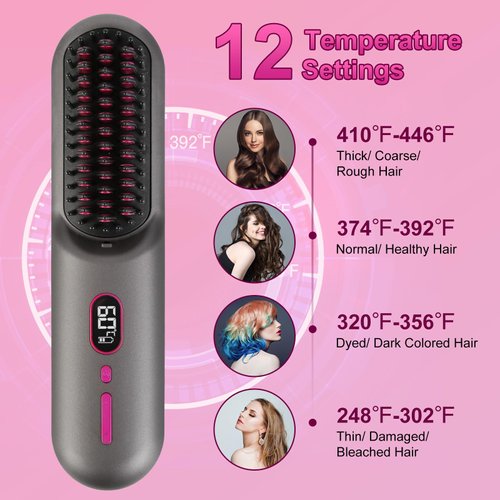 Zorpupoa Cordless Hair Straightener Brush, Portable Rechargeable Straightening Brush, Negative Ionic Hot Comb Straightener with 12 Temp Settings, Auto-Off, Led Display for Women (Grey)