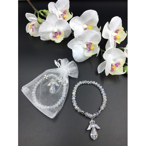 12 PCS Crystal Angel Charm Bracelet Clear With Organza Bag - Baptism Favor/Christening Favor/Recuerdos de Bautizo/Quinceanera/Baby Shower