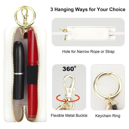 Bocasal Leather Lipstick Case Holder Chapstick Keychain Pouch, Zipper Lip Balm Lip Gloss Bag for Purse with Key Chain Elastic Band, Makeup Travel Organizer, Cosmetic Storage Kit for Women Girl (White)