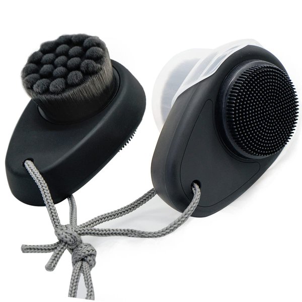 2 Pack Facial Cleansing Brushes - Double-Sided Face Scrubber for Deep Pore Cleansing and Exfoliation, Silicone & Soft Bristle Sides (Black & Black)