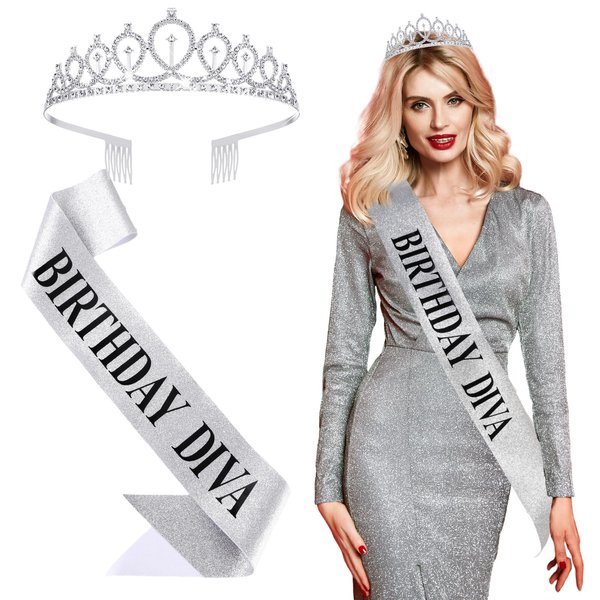 Retrowavy 2 Pcs Birthday Diva Sash Rhinestones Tiara Women Birthday Decoration Kit for Birthday Party Accessories(Silver)
