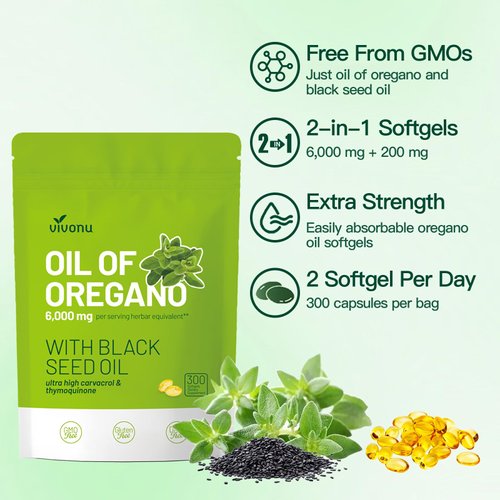 VivoNu Oil of Oregano Capsules, Balanced Oil of Oregano with Black Seed Oil, Organic Oregano Oil Softgels,Carvacrol,Thymoquinone, Non-GMO