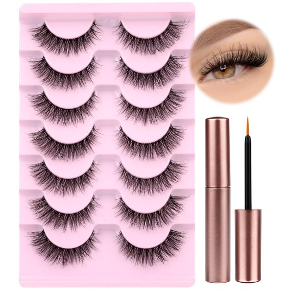 wiwoseo Natural Wispy Fluffy Lashes with Glue Cat Eyes Mink Lashes Clear Band Eyelashes with Glue Kit Russian Strip Lashes Natural Look False Eyelashes Extension Strip Lashes D Curly 7 Pairs Pack
