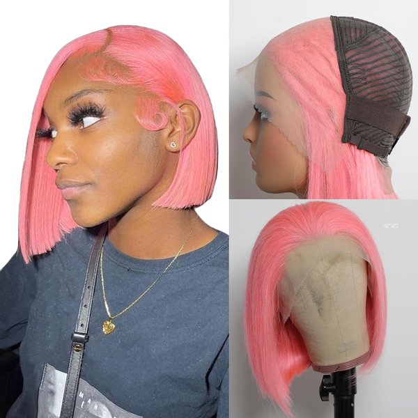 GIRLOFDREAMS Pink Bob Wig Human Hair 13x4 Straight Lace Front Wigs Glueless 180 Density Pre Plucked with Baby Hair Short Brazilian Remy Colored Hair Transparent Frontal Lace Wigs for Black Women