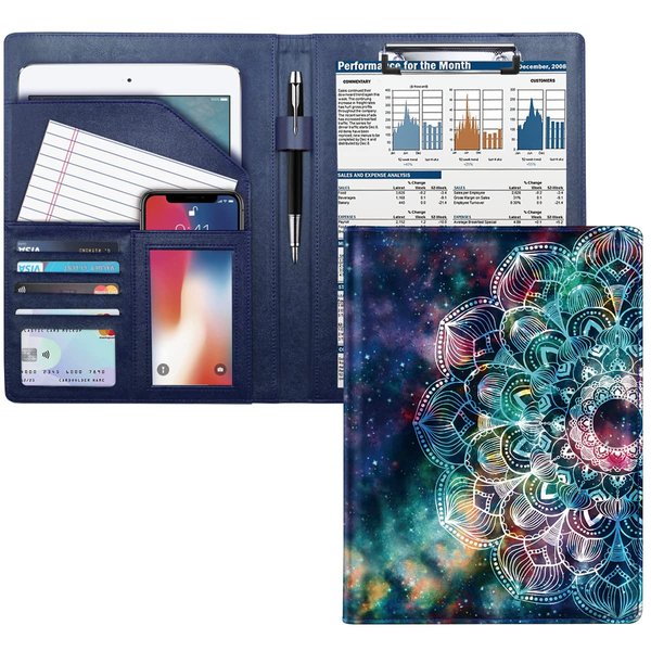 WAVEYU Business Portfolio Folder for Men Women, Padfolio Cover, Conference/Resume/Legal Document Organizer with Letter/A4 Size Clipboard Hardboard, Business Card Holders, Document Sleeve, Mandala