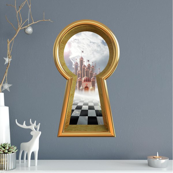 Gold Keyhole Wall Decal Queen of Hearts Castle Fantasy Fairy Tale Wonderland Decor Removable Peel and Stick Mural for Kids Room - 16 inch