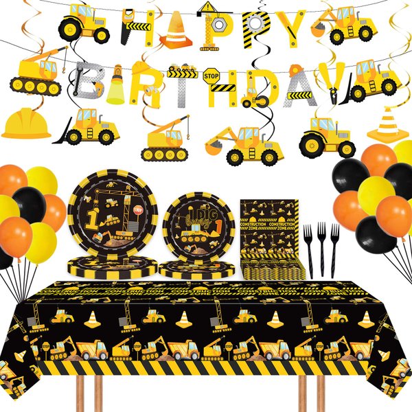 92 Pcs Construction 1st Birthday Party Supplies Dump Truck Theme One Tableware Includes Hanging Swirl, Ballons, Plates, Table Cloth for Boys Im Digging Being 1 Birthday Party Decorations Favors