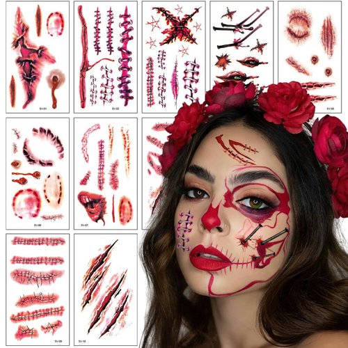 Halloween Terror Scar Temporary Tattoo Stickers Simulation Fake Bloody Wound Scab Horror Body Face Zombie Prank Makeup Waterproof Decals for Women Carnival Cosplay Party Decor 10 Sheets
