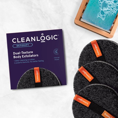 Cleanlogic Detoxify Purifying Charcoal Infused Exfoliating Body Scrubber, Dual-Texture Round Exfoliator Tool for Smooth, Clean Skin, Daily Skincare Routine, 3 Count Value Pack