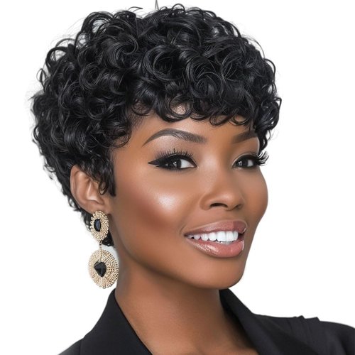 MOONSHOW Short Wigs for Black Women Pixie Cut Wig Short Afro Curly Wigs for Black Women Natural Black Short Pixie Wigs for Black Women Synthetic Pixie Cut Wig Short Curly Haircut Wig