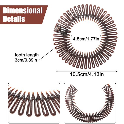 6 PCS Full Circular Stretch Comb Headbands Plastic Flexi Comb Circle Headbands with Teeth for Women's Hair Flexible Plastic Circle Comb Women Lady Stretch Plastic Full Circle Hair Comb (Brown)