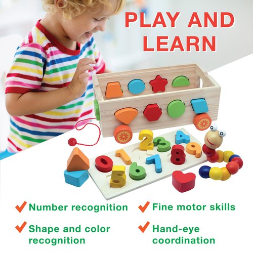 Montessori Toys for 2 3 4 Year Old Boys and Girls. Puzzle Shape Sorter Trucks & Wooden Toy Caterpillar. Educational Toys for Preschool Toddlers. Kindergarten Classroom Must Haves. Best Birthday Gift.