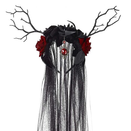 Foemmi Halloween Headband Black Veil Day of The Dead Headpiece Ghost Bride Headbands Rose Flower Crown Tree Branches Headbands Festival Costume Headwear for Women
