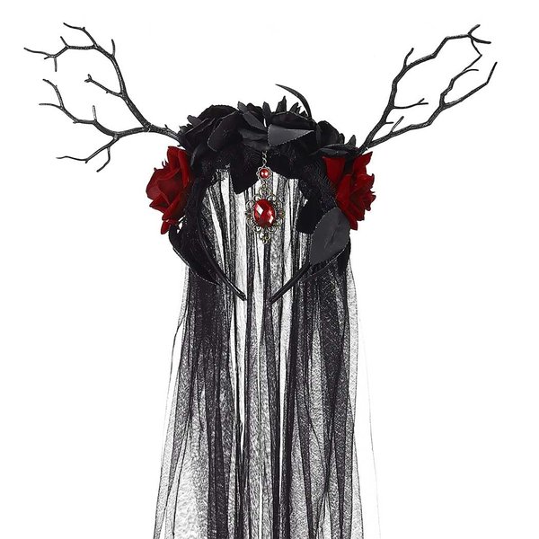 Foemmi Halloween Headband Black Veil Day of The Dead Headpiece Ghost Bride Headbands Rose Flower Crown Tree Branches Headbands Festival Costume Headwear for Women