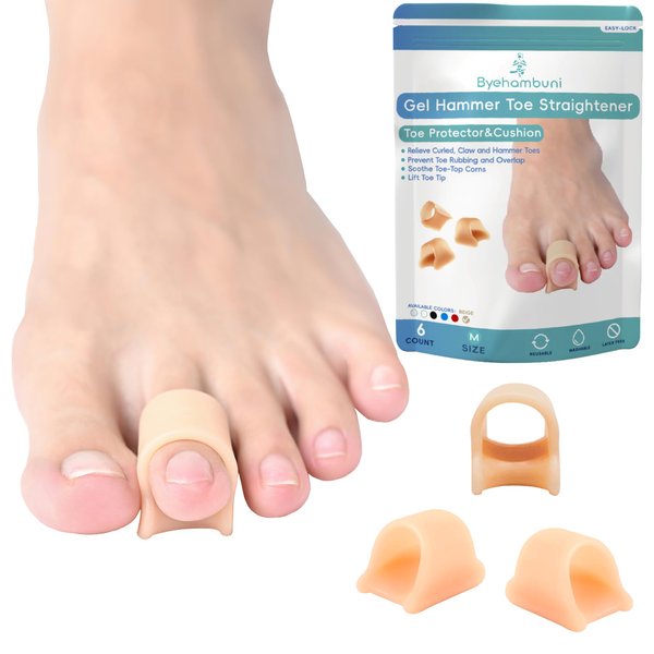 Byehambuni Toe Straightener - Hammer Toe Corrector for Women and Men - Toe Straighteners for Curled, Crooked, Bent Toe - Hole Diameter 0.55 inches - Beige, 6PCS Medium Size