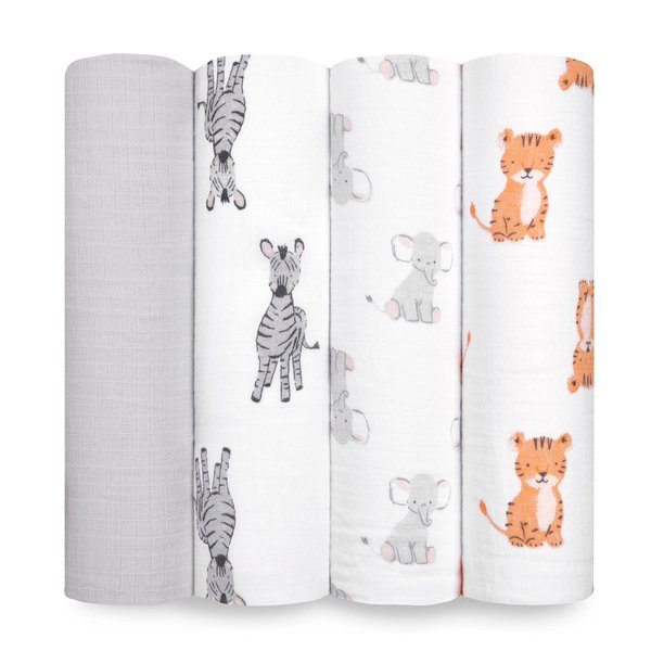aden + anais Essentials Muslin Swaddle Blankets for Baby Girls and Boys, Newborn Receiving Blanket for Swaddling, 100% Cotton Baby Swaddle Wrap, 4 Pack, Safari Babes