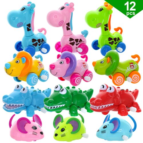 GIFTEXPRESS 12 Pieces 3” - 4” Assorted Zoo Animal Wind Up Toys for Kids Party Favors - Perfect Playing Size for age 3 – 10