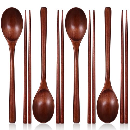 Wooden Spoon and Chopsticks, 8 Pcs Reusable Wooden Spoons Chopsticks Set Tableware Combination for Stirring Cooking Eating 9.3 Inch