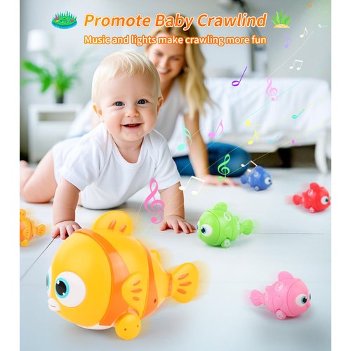 Baby Music Crawling Walking Toys for 0-6 6-12 Months Infants Tummy Time Toys, Magnetic Train Fishes Set, Light Up Fishing Game, Sorting and Stacking Toy for Toddler 1-3, Birthday Gifts for Boys Girls