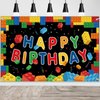 Ledander Birthday Banner Backdrop for Kids - 71 * 43in Happy Birthday Photography Background Party Decorations for Boys Girls, Building Blocks Theme Birthday Hanging Decoration Party Supplies (Black)