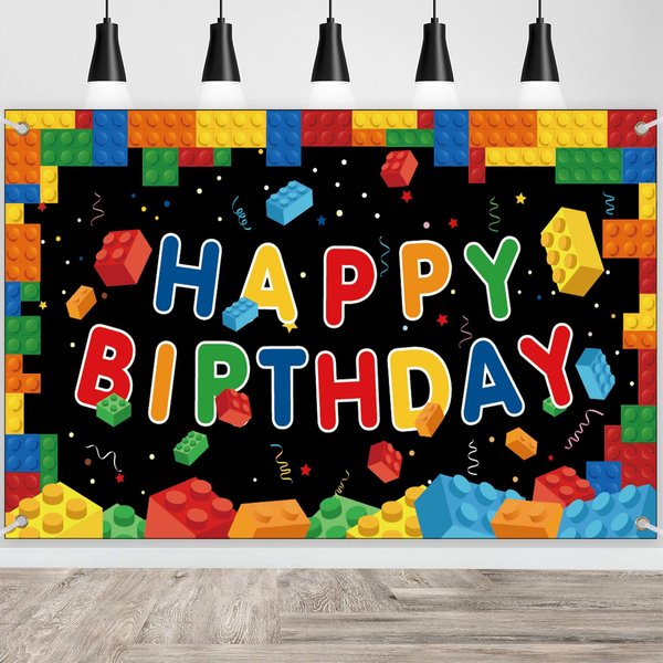 Ledander Birthday Banner Backdrop for Kids - 71 * 43in Happy Birthday Photography Background Party Decorations for Boys Girls, Building Blocks Theme Birthday Hanging Decoration Party Supplies (Black)