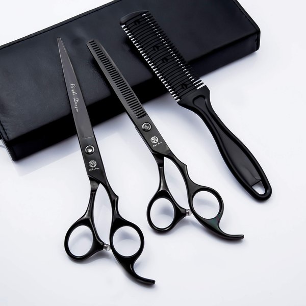7.0" Professional Black Barber Hair Cutting Scissors Set with Female Comb, 6.5 inch Salon Hair Thinning/Texturizing Shears with Scissor Bag