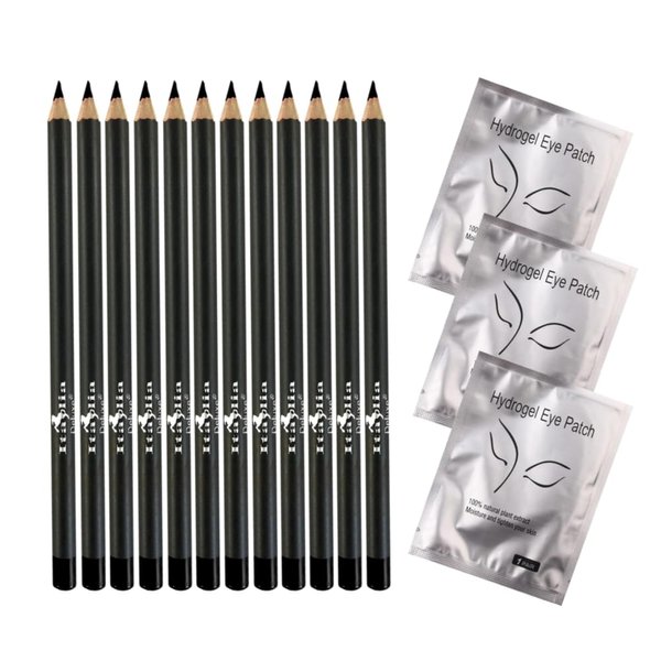 Italia Deluxe 12 pcs Eyeliner Pencil, Ultra Fine, Creamy, High-pigmented, Long-lasting + 3 pair Hydrogel Eye Patch for Lash Extensions (Black)