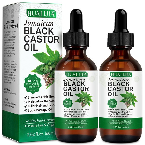 HUALIJIA Castor Oil (2Pack), Jamaican Black Castor Oil Organic Cold Presse Glass Bottle, Castor Oil for Hair and Eyelashes Growth, Skin Moisturizer and Body Massag Oil, Hexane Free, 2.02 Fl Oz
