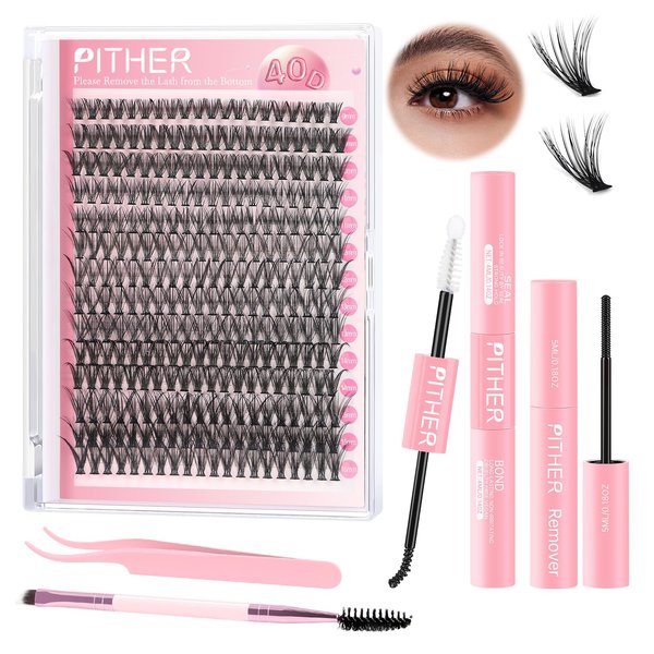 PITHER Eyelash Extension Kit 40D 280PCS, Mix 9-16mm Waterproof Lash Clusters Kit with Lash Applicator Bond and Seal Lash Glue for Beginners DIY Lash Extensions at Home