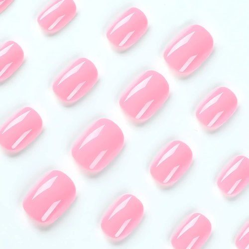 Square Press on Nails Short Fake Nails Rose Pink False Nails Acrylic Artificial Glossy Design Nails Full Cover Glue on Nails Stick on Nails for Women Girls Manicure Art Decorations