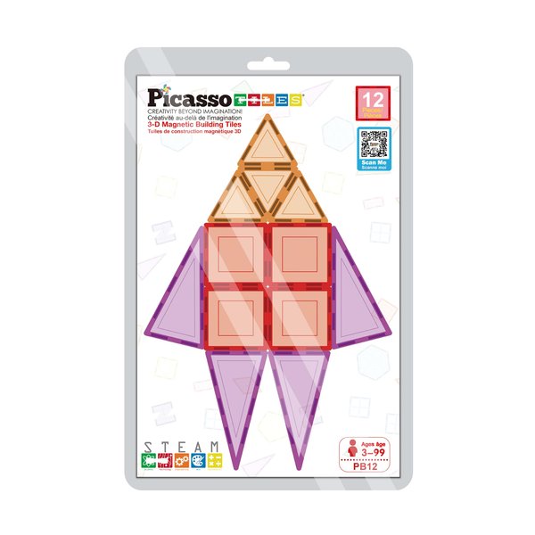 PicassoTiles Magnet Tile Building Block Set Magnetic Construction Square Triangle Tiles Toy Kit Sparking Creativity Geometric Shapes STEM Educational Learning Brain Development Kids Ages 3+ PB12