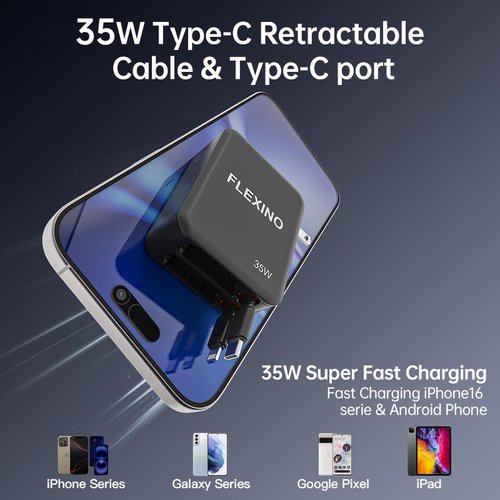 FLEXINO Retractable Wall Charger, 3-in-1 Retractable Charger Adapter with Foldable Plug, 35W Fast Charger with 2 Retractable Cords 2.6ft, Fit for iPhone 16/15/14/13/12, Galaxy, and More