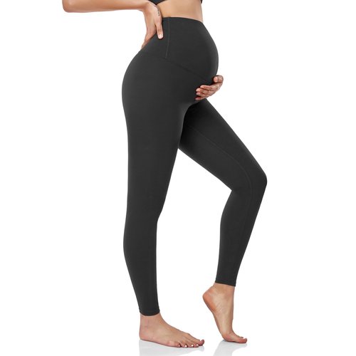 HOFISH Women's Maternity Leggings Over The Belly Pregnancy Soft Non-See-Through Yoga Pants Workout Leggings Black M