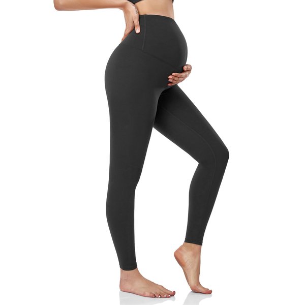 HOFISH Women's Maternity Leggings Over The Belly Pregnancy Soft Non-See-Through Yoga Pants Workout Leggings Black M