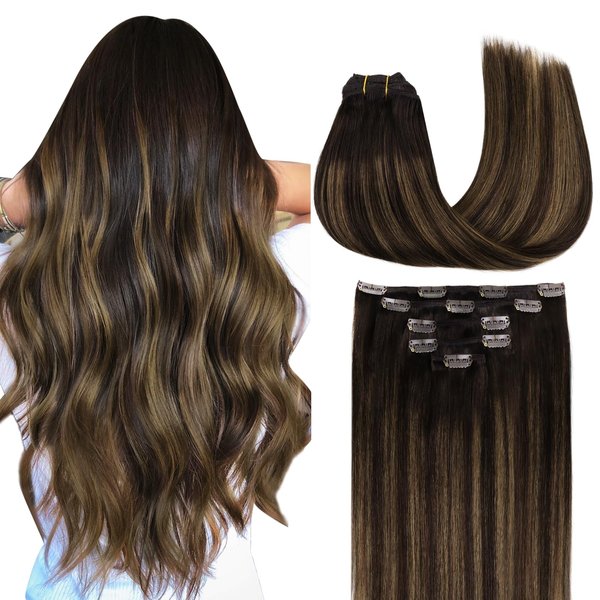 MAXITA Clip in Hair Extensions Real Human Hair, 80g 5pcs Balayage Dark Brown Mixed Chestnut Brown 18 Inch, Remy Human Hair Extensions Clip in Natural Hair Extensions Straight