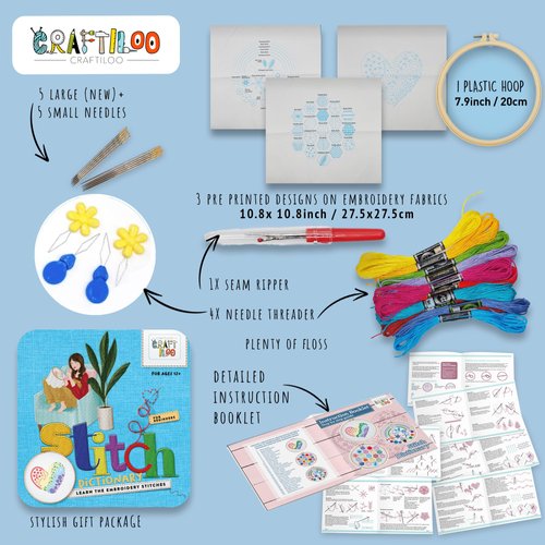 Learn 30 Stitches Heart Embroidery kit for Beginners with Stamped Embroidery Patterns Starter Kit. Needlepoint Cross Stitch for Kids & Adults