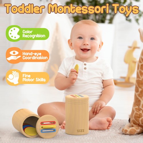 ZIZZ Montessori Toys for 1-3 Years Old - 2 in 1 Wooden Educational Learning Color Sorting Toys for Kids Age 18 Month Old 1-3 Year Old Toddler Sensory Matching Games Toys for Baby Birthday