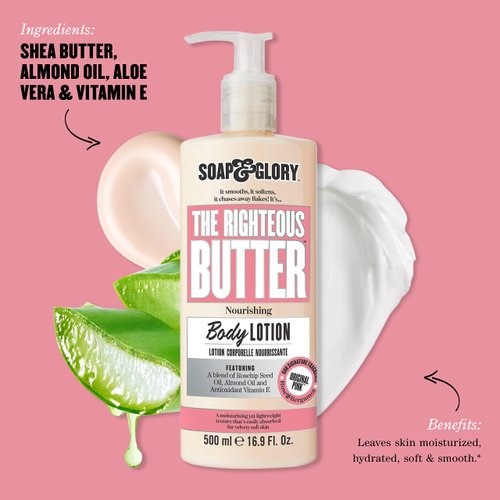 Soap & Glory Original Pink The Righteous Butter Moisturizing Body Lotion Pump - Shea Butter, Vitamin E & Aloe Vera Body Moisturizer - Rose & Bergamot Scented Lotion (500ml)