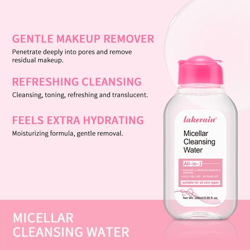 NICEFACE All-in-One Micellar Cleansing Water, Hydrating Facial Cleanser & Makeup Remover, Apply to Face, Eyes and Lips - No Rinse Off, Suitable for Sensitive Skin, Vegan, Cruelty Free (100ml)